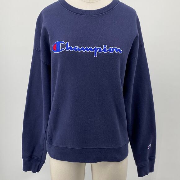 Vintage Y2k Champion Reverse Weave Crewneck Sweatshirt Pullover Spellout Navy L - Picture 2 of 9